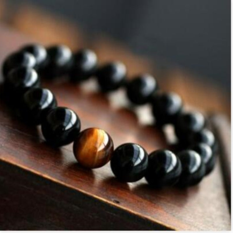 Natural Black Onyx With Stone Tiger Eyes Energy Bracelet