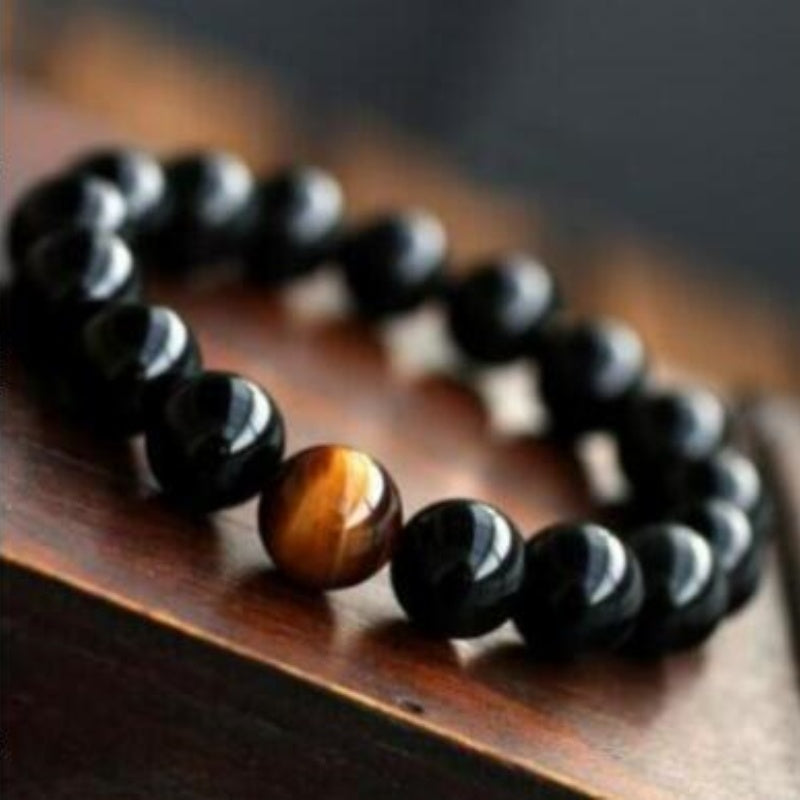 Natural Black Onyx With Stone Tiger Eyes Energy Bracelet