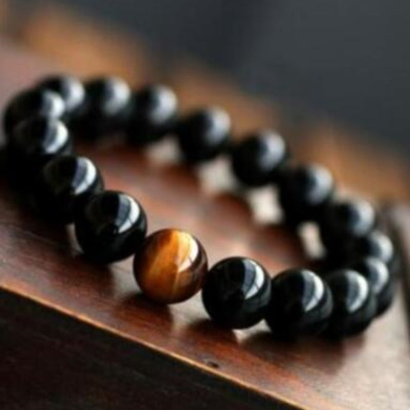 Natural Black Onyx With Stone Tiger Eyes Energy Bracelet