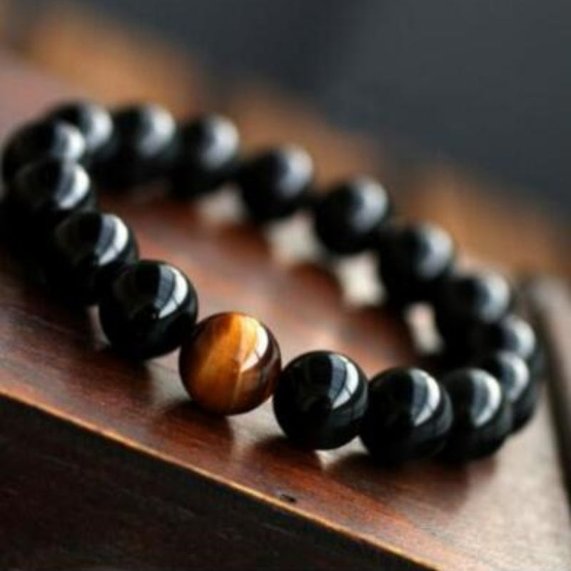 Natural Black Onyx With Stone Tiger Eyes Energy Bracelet