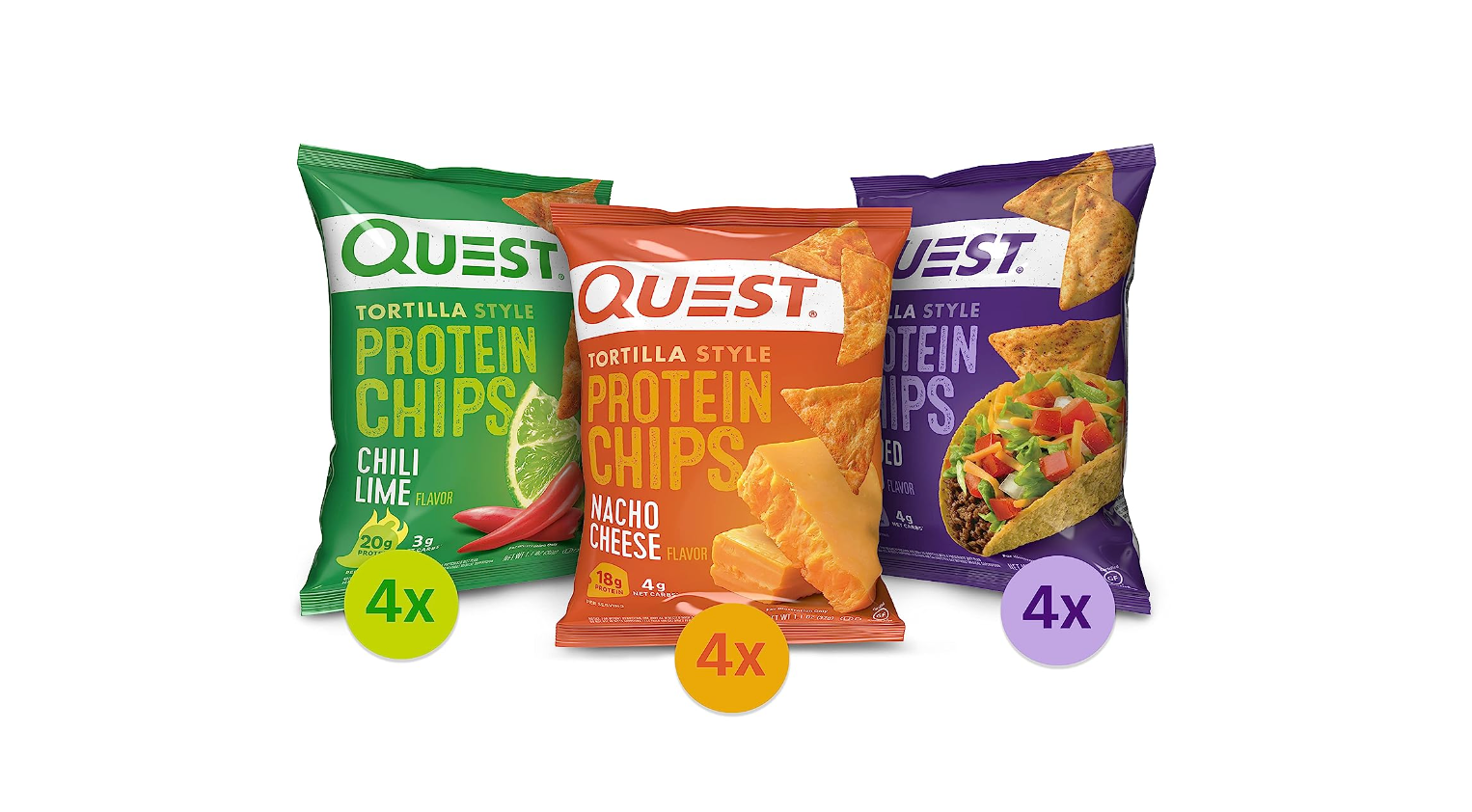 Quest Nutrition Tortilla Style Protein Chips Variety Pack, Chili Lime, Nacho Cheese, Loaded Taco, 1.1 Ounce (Pack of 12)