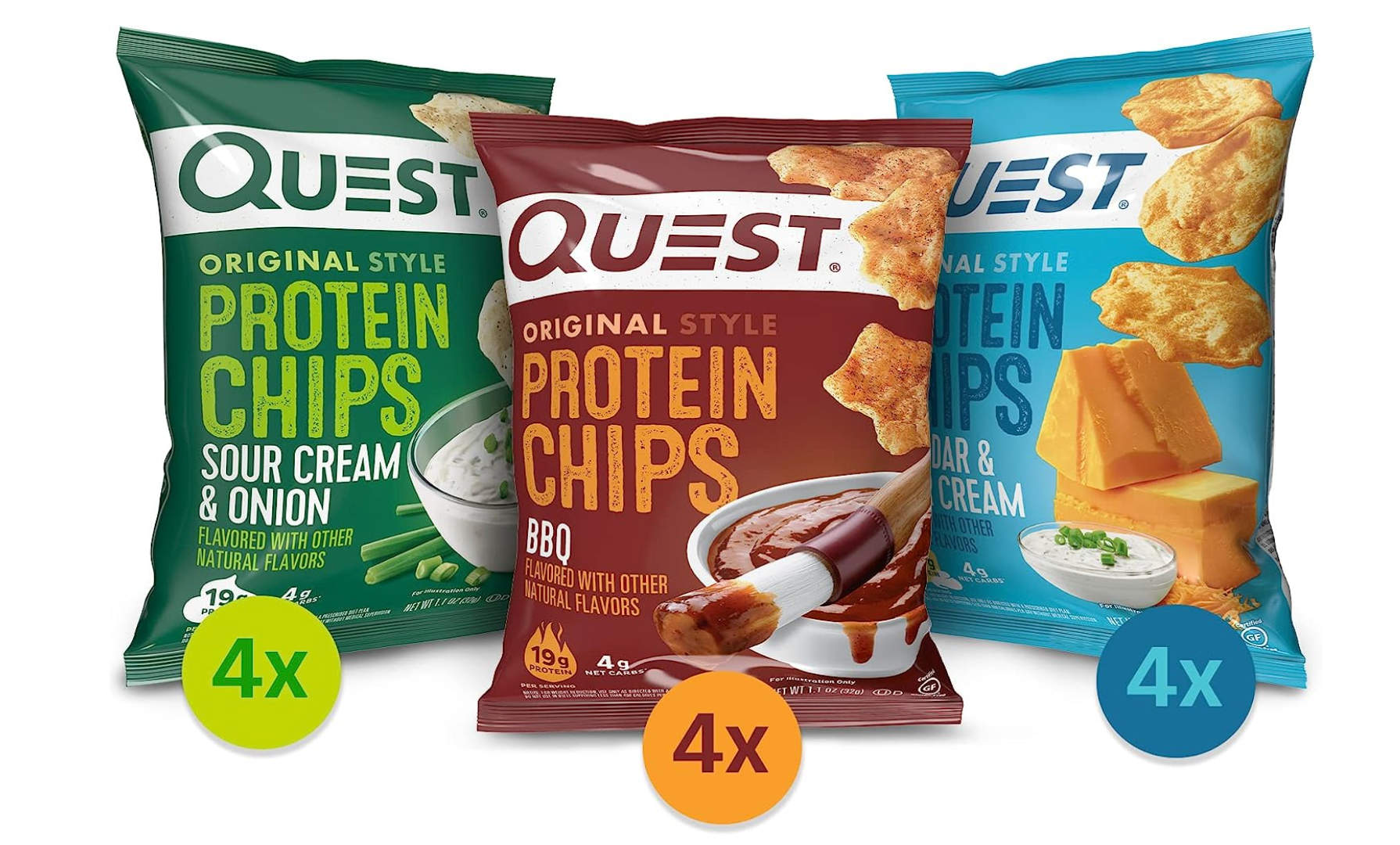 Quest Nutrition Protein Chips Variety Pack, (BBQ, Cheddar & Sour Cream, Sour Cream & Onion), High Protein, Low Carb, 1.1 Ounce (Pack of 12)