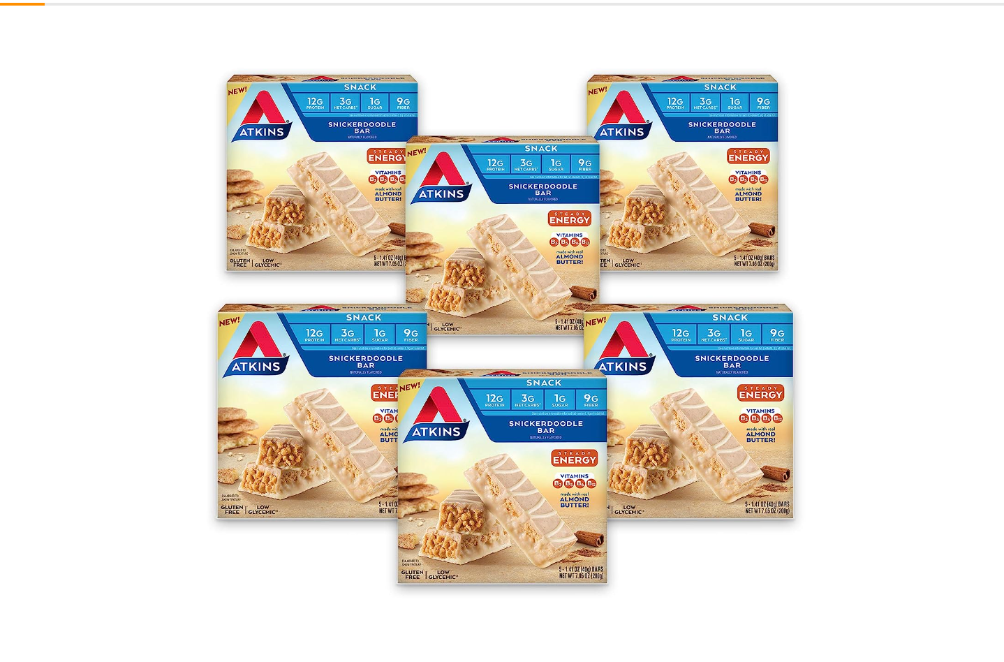 Atkins Snack Bar, Snickerdoodle, Made with B Vitamins and Real Almond Butter, Naturally Flavored, Keto Friendly, and Gluten Free (30 Bars)