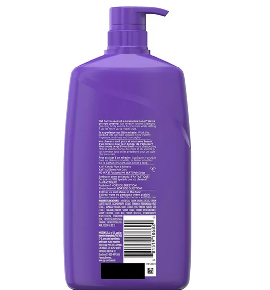 Aussie Miracle Volume with Plum Bamboo, Paraben Free Shampoo, 26.2 Fl Oz