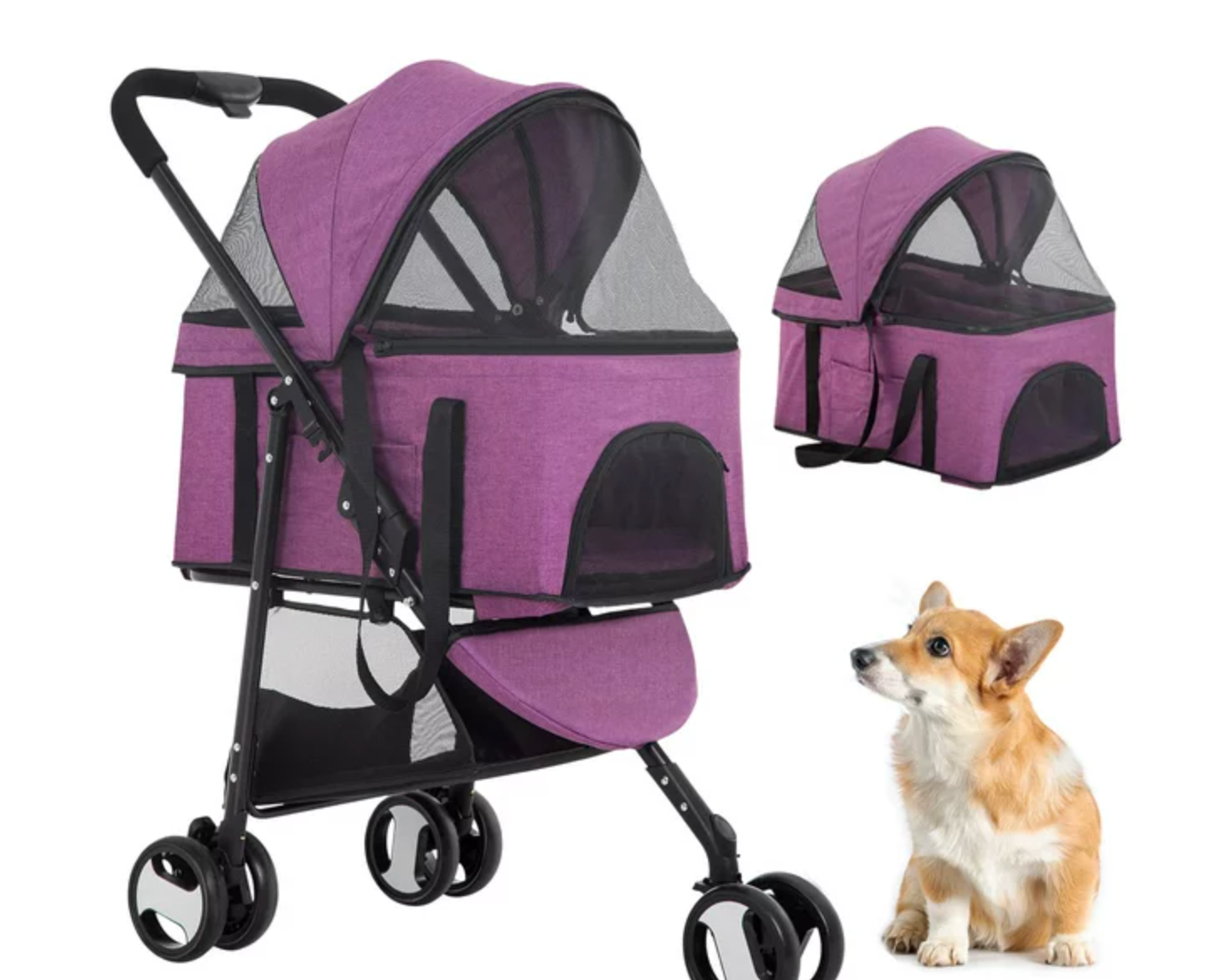 BestPet Pet Stroller Cat Dog Cage Stroller Travel Folding Carrier (Purple, Upgraded-3 Wheels)