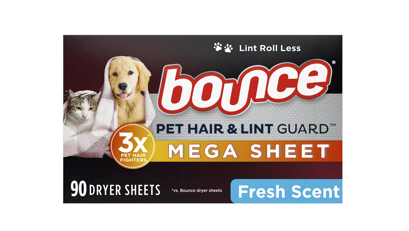 Bounce Pet Hair and Lint Guard Mega Dryer Sheets with 3X Pet Hair Fighters, Fresh Scent, 90 Count