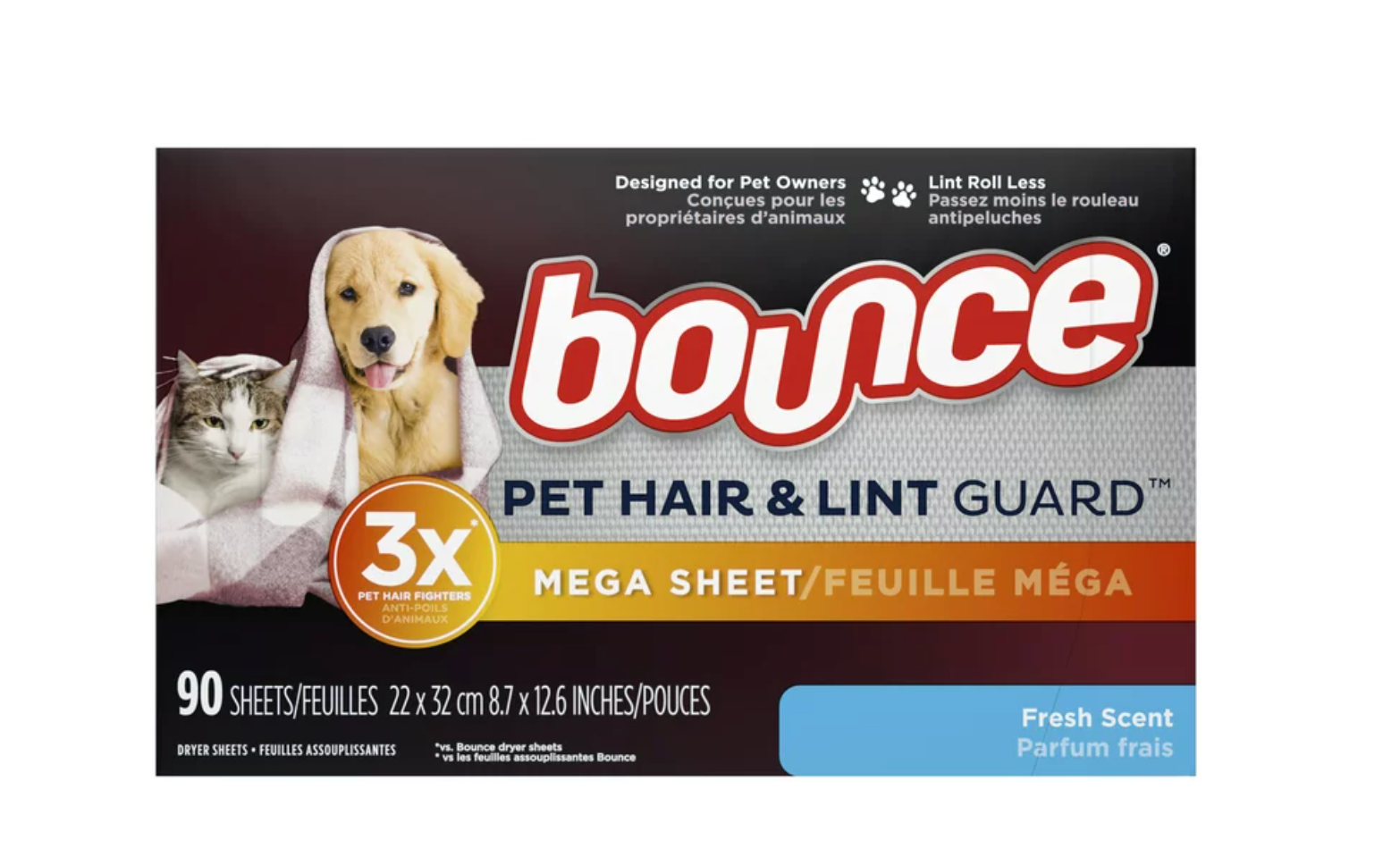 Bounce Pet Hair and Lint Guard Mega Dryer Sheets with 3X Pet Hair Fighters, Fresh Scent, 90 Count