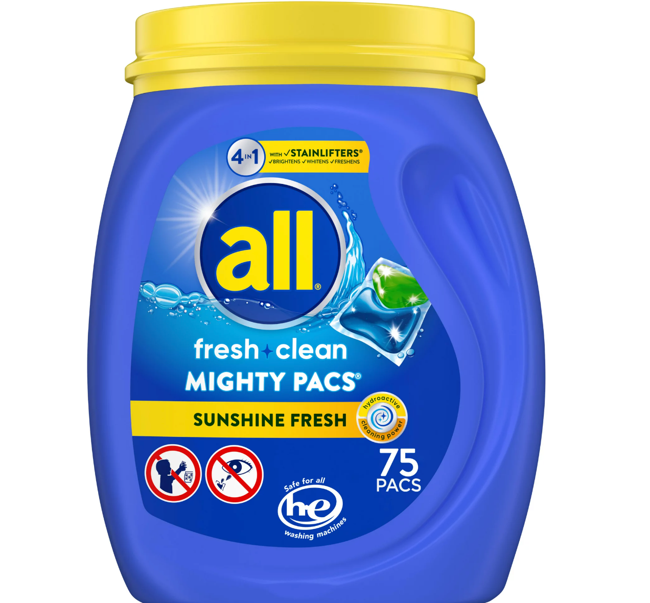 all Mighty Pacs Laundry Detergent Pacs, Fresh Clean 4 in 1 with Stainlifters, Sunshine Fresh, 75 Count