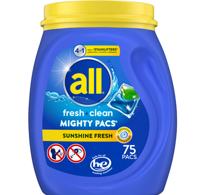 all Mighty Pacs Laundry Detergent Pacs, Fresh Clean 4 in 1 with Stainlifters, Sunshine Fresh, 75 Count