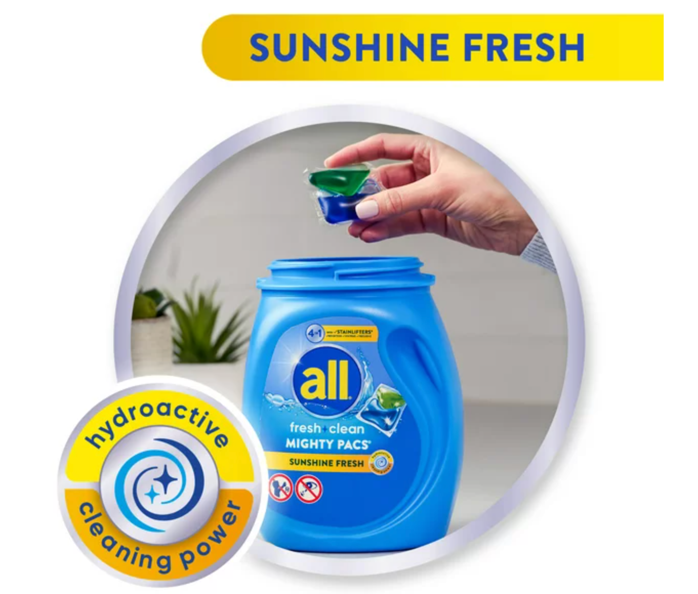 all Mighty Pacs Laundry Detergent Pacs, Fresh Clean 4 in 1 with Stainlifters, Sunshine Fresh, 75 Count