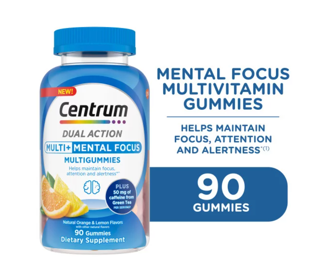 Centrum Multigummies Dual Action Multi+ Men and Women Supplement Gummies for Mental Focus, 90 Count