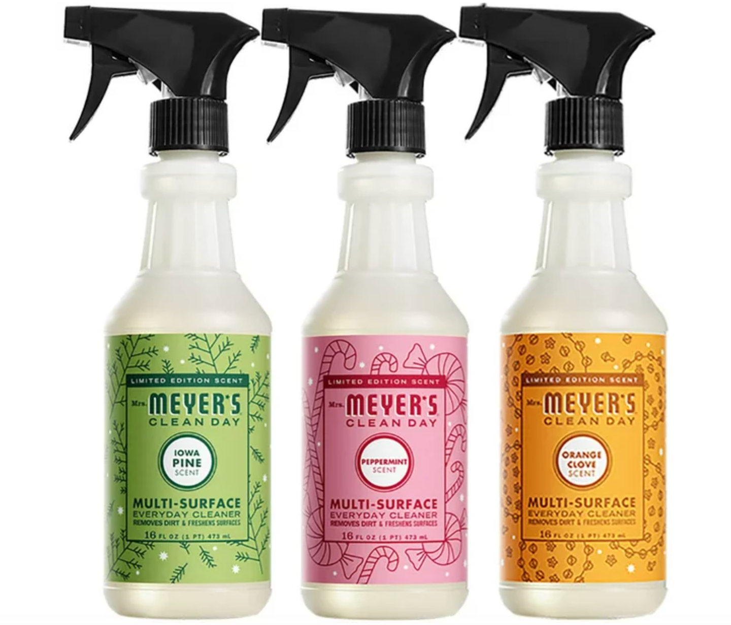 Mrs. Meyer’s Clean Day Limited Edition Scent Multi Surface Cleaner Bundle, 1 Iowa Pine Scent, 1 Peppermint Scent, 1 Orange Clove Scent, 16 FL OZ Bottles (3 CT)