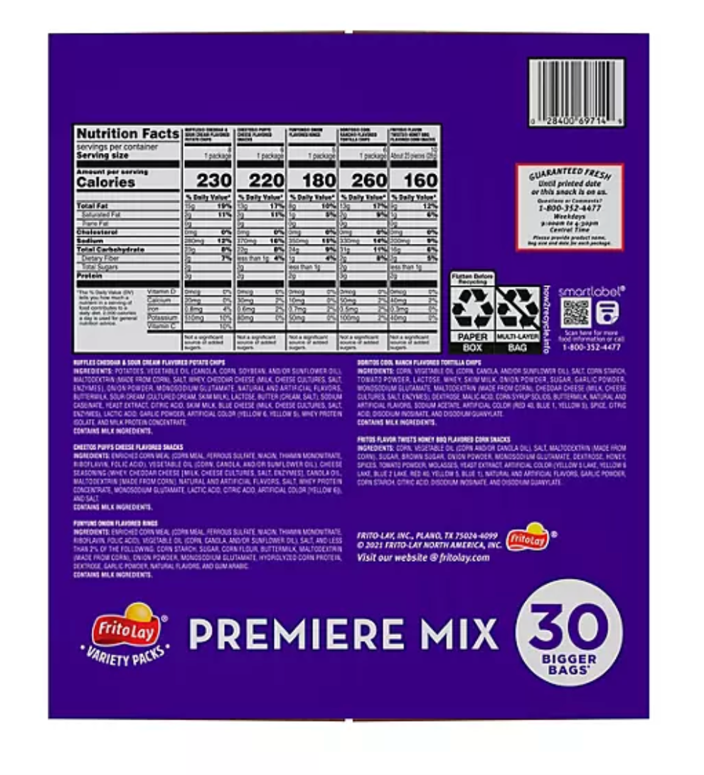 Frito-Lay Premiere Mix Variety Pack Chips and Snacks (30 ct.)