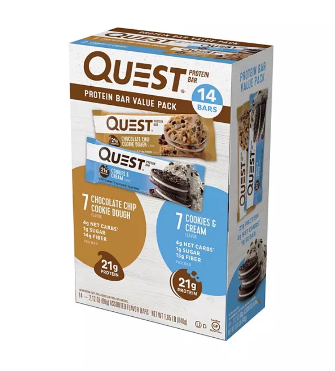 Quest Protein Bar Variety Pack, Chocolate Chip Cookie Dough and Cookies & Cream (14 ct.)