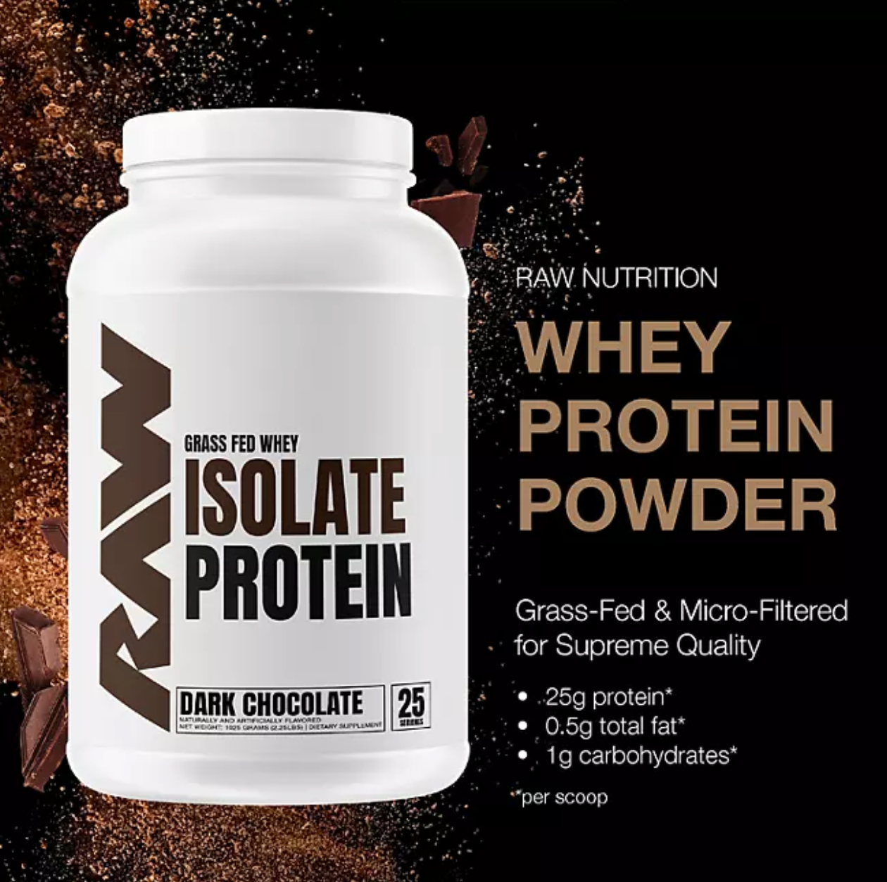 RAW Whey Isolate Protein Powder, Dark Chocolate, 100% Grass-Fed (25 Servings)