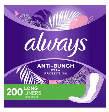 Always Anti-Bunch Xtra Protection Daily Liners, Unscented - Long (200 ct.)