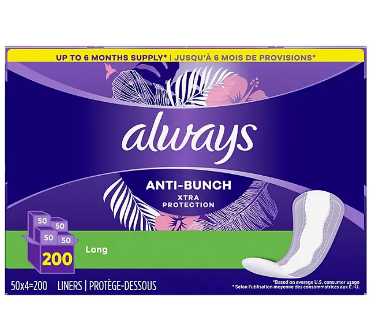 Always Anti-Bunch Xtra Protection Daily Liners, Unscented - Long (200 ct.)