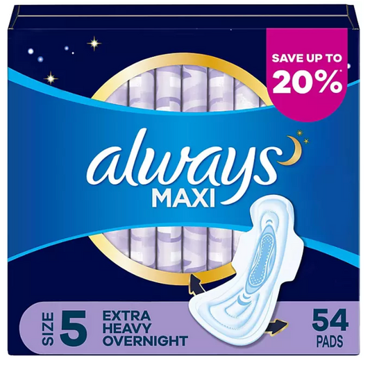 Always Maxi Extra Heavy Overnight Pads with Flex-Wings, Unscented - Size 5 (54 ct.)