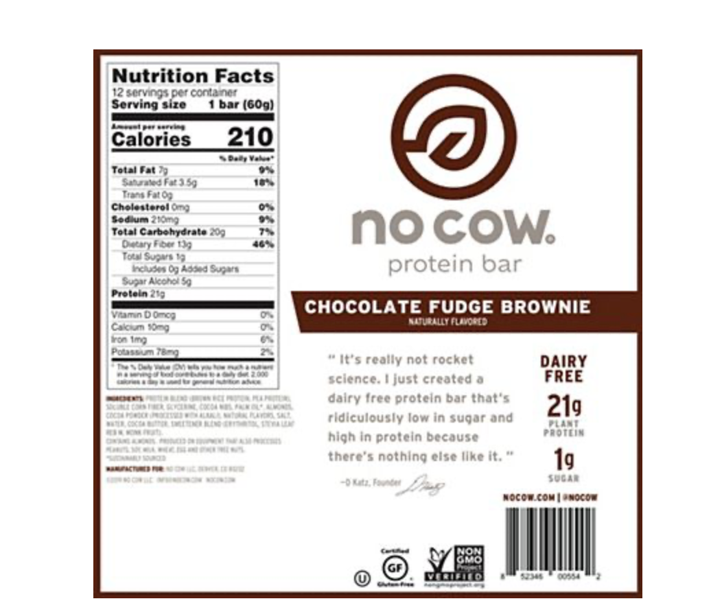 no cow Bar - Chocolate Fudge Brownie (12 Bars)