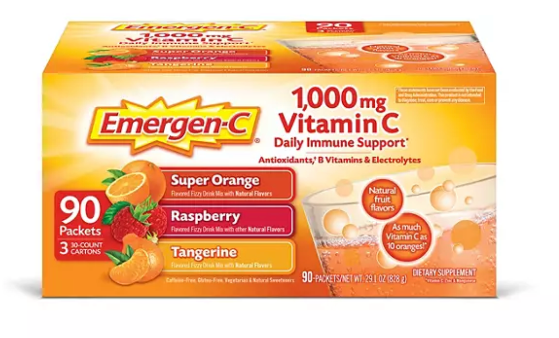 Emergen-C Drink Mix Variety Pack, Super Orange, Raspberry & Tangerine, 29.1 oz., 90 ct.