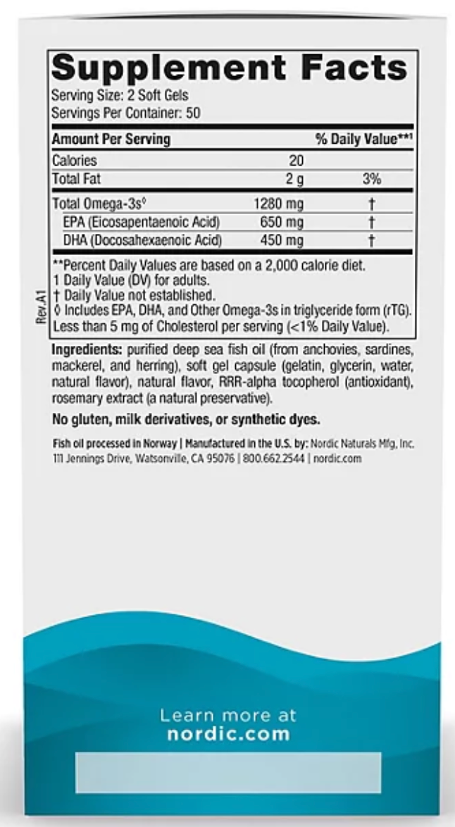 Nordic Naturals Ultimate Omega Softgels 1280 mg Fish Oil 100 ct.