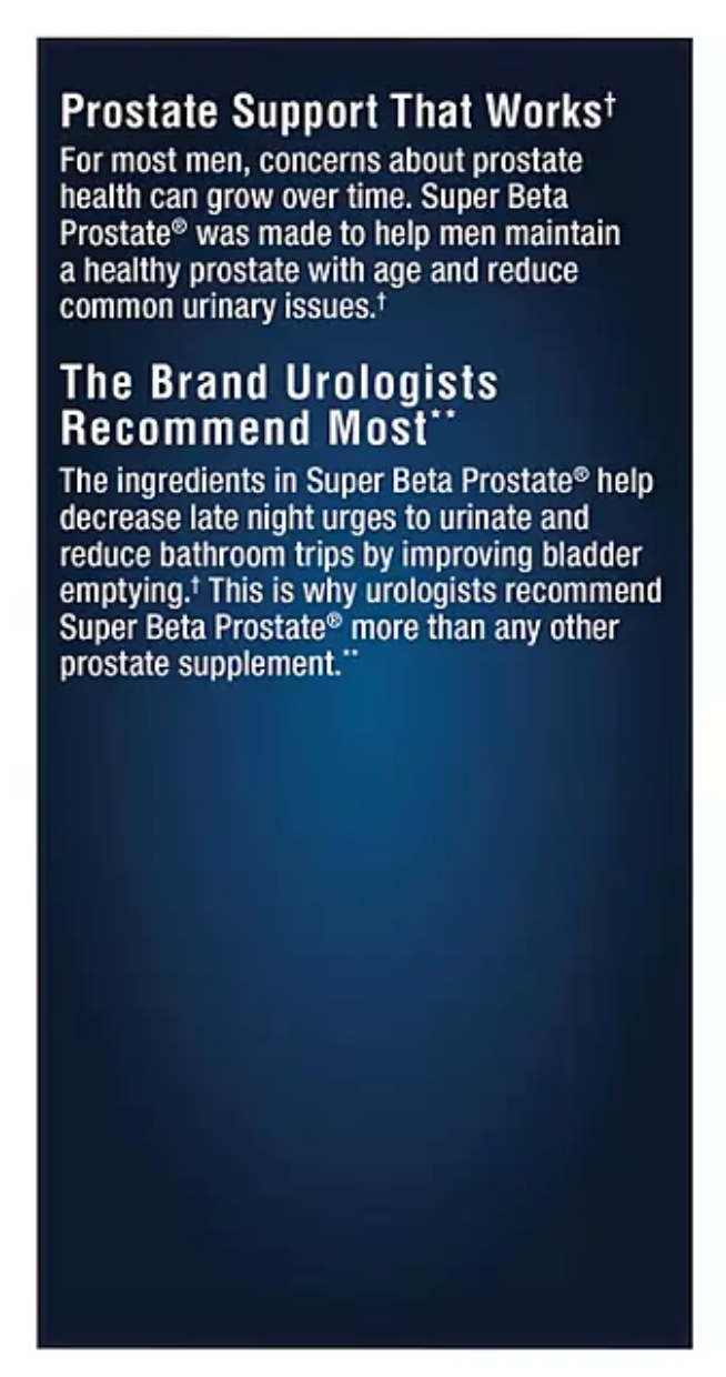 Super Beta Prostate Male Supplement with 250 mg. Beta-Sitosterol Caplets 120 ct.