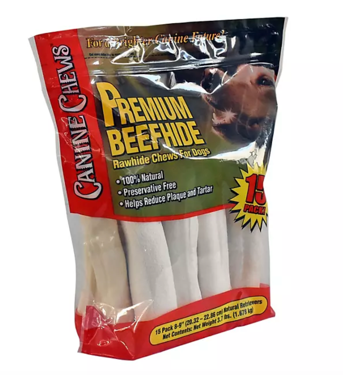 Canine Chews Premium All-Natural Beef Hide Canine Retrievers, 15 ct.