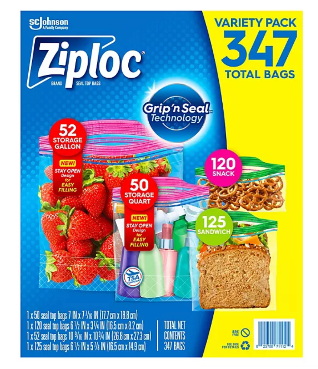 Ziploc Easy Open Bags Variety Pack with New Stay Open Design, 347 ct.