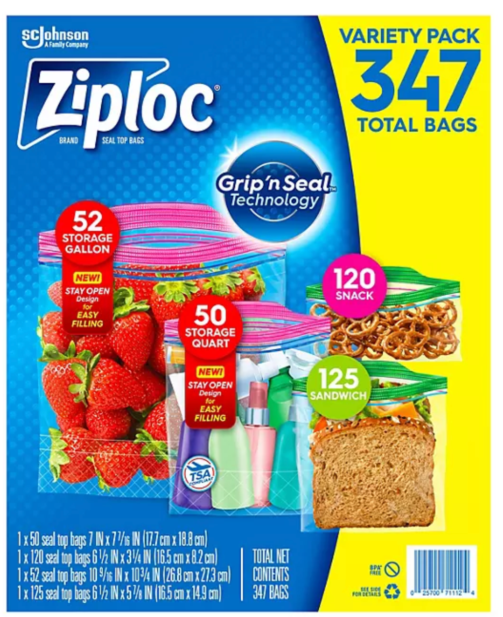 Ziploc Easy Open Bags Variety Pack with New Stay Open Design, 347 ct.