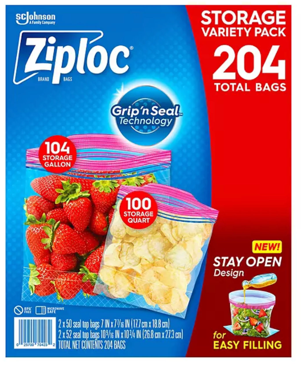 Ziploc Gallon & Storage Quart Bags with New Stay Open Design, 204 ct.