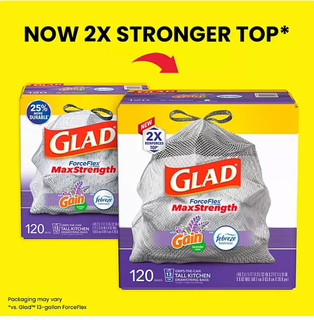 Glad ForceFlex Max Strength Tall Kitchen Drawstring Trash Bags, Gain Lavender 13 gal., 120 ct.