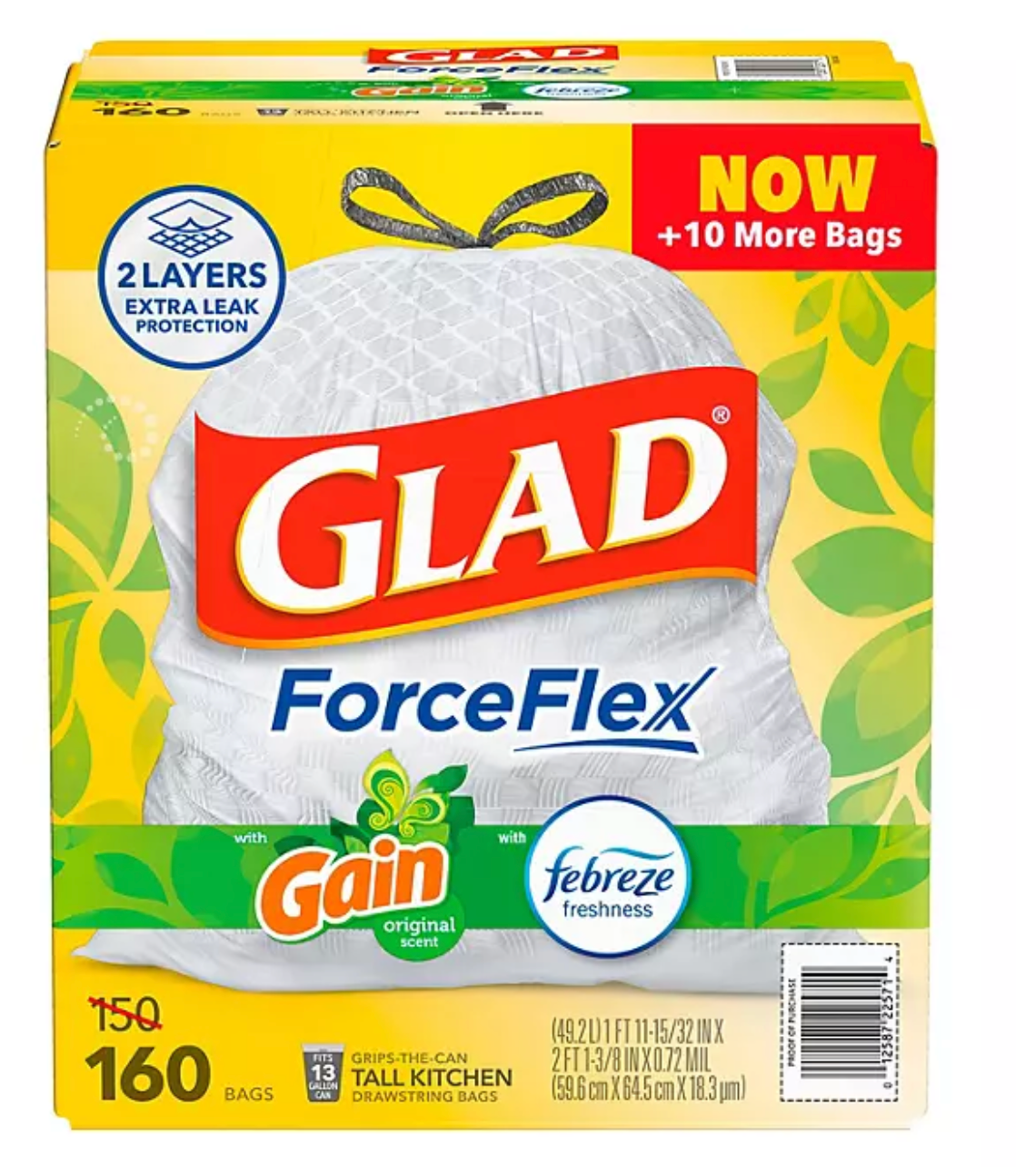 Glad ForceFlex 13-Gallon Kitchen Trash Bags, Gain Original Scent + Febreze, 160 ct.