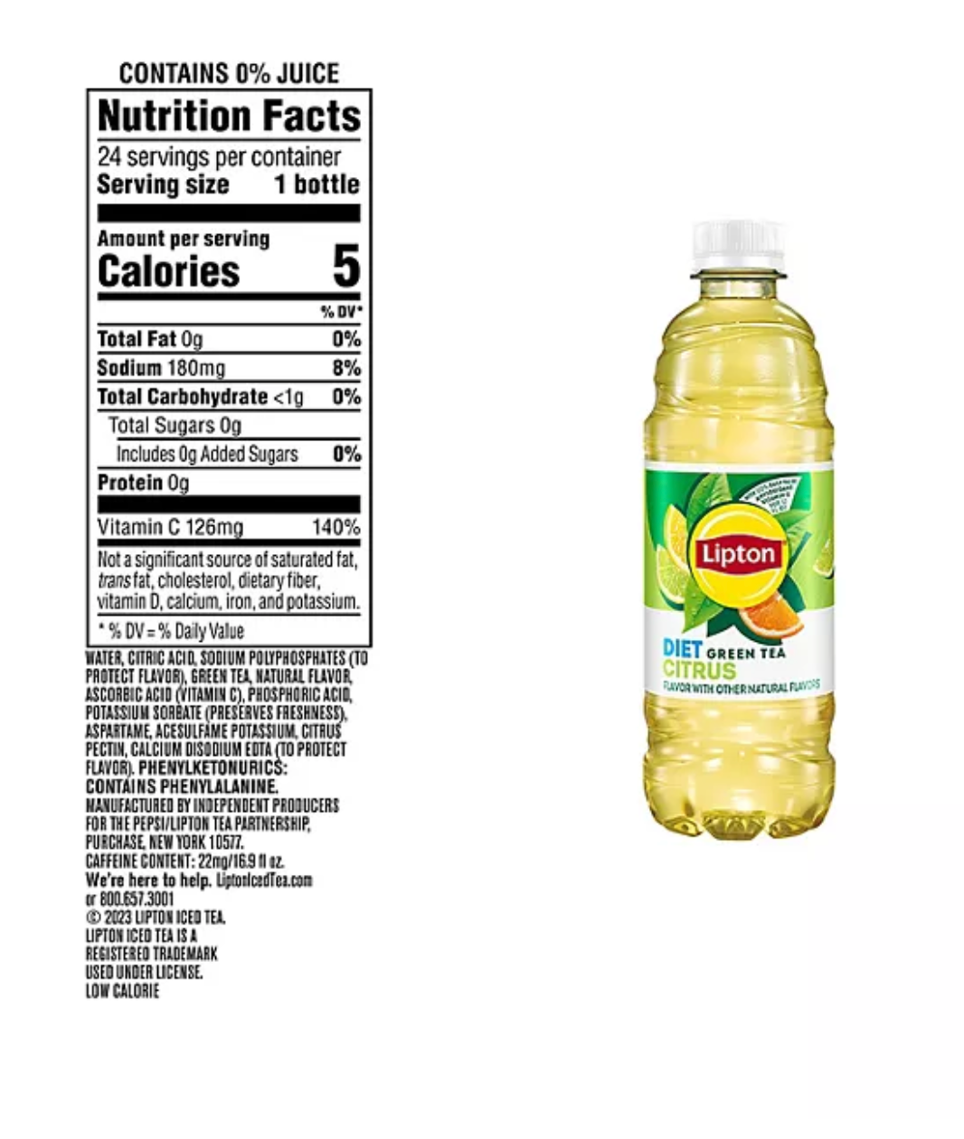 Lipton Diet Green Tea Citrus Iced Tea, 16.9 fl. oz., 24 pk.