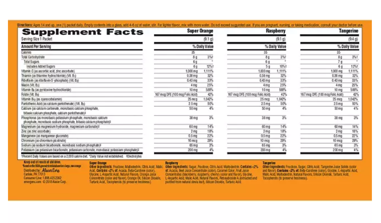 Emergen-C Drink Mix Variety Pack, Super Orange, Raspberry & Tangerine, 29.1 oz., 90 ct.