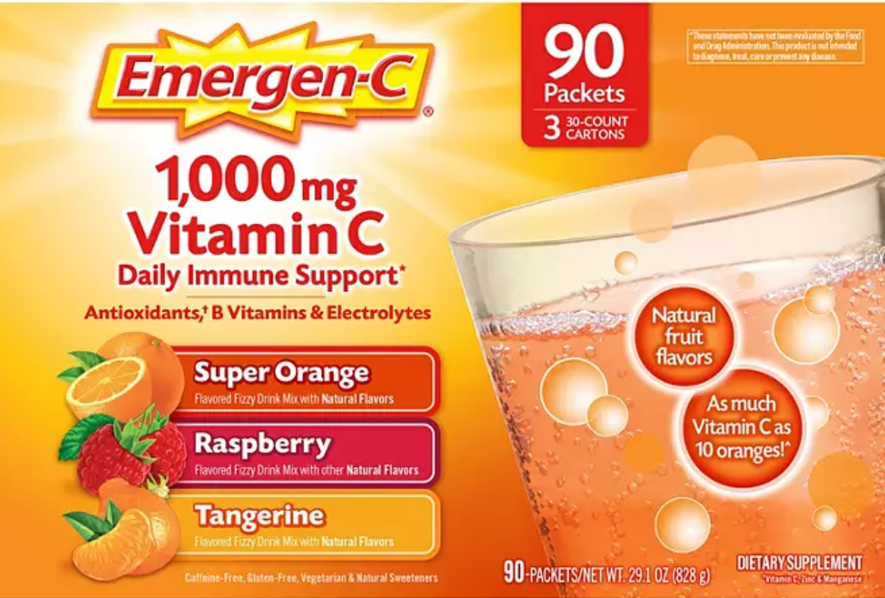 Emergen-C Drink Mix Variety Pack, Super Orange, Raspberry & Tangerine, 29.1 oz., 90 ct.