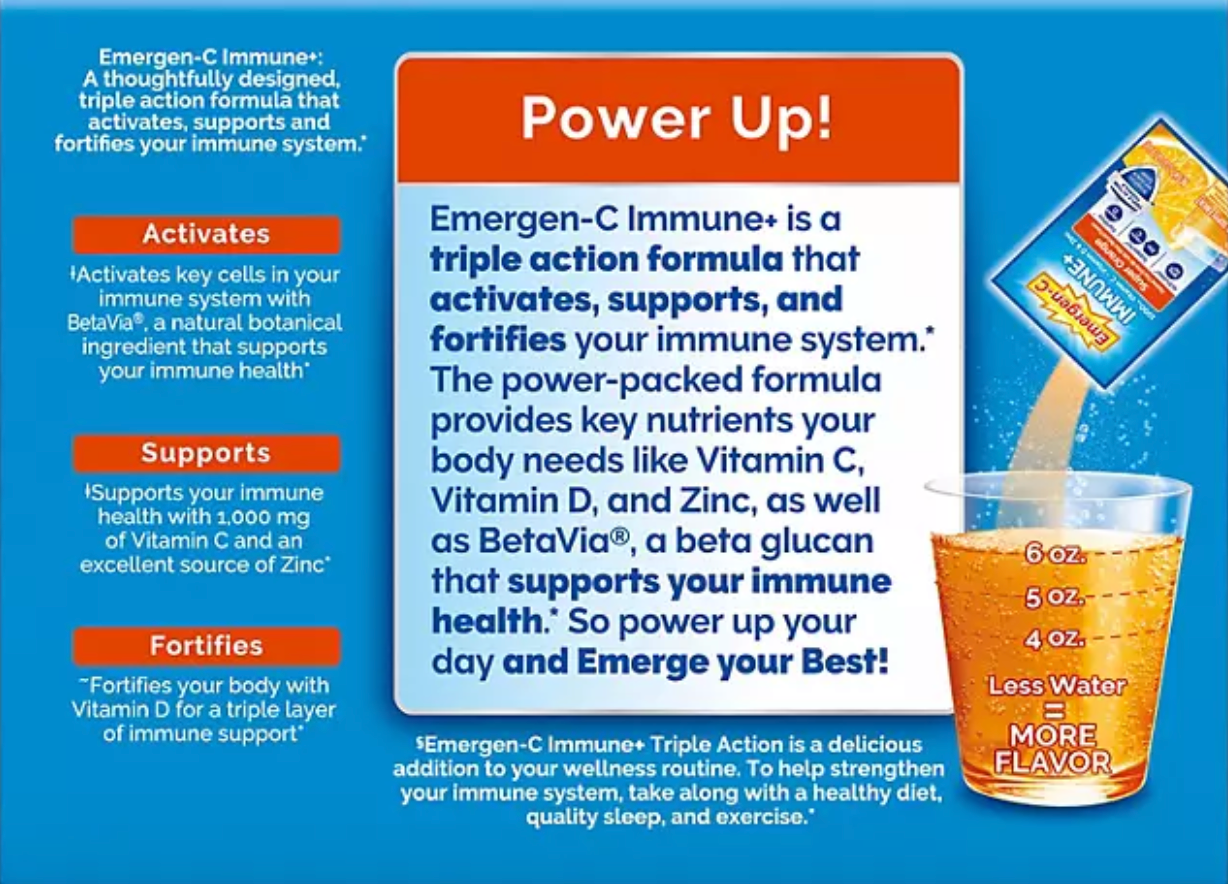 Emergen-C Dietary Supplement Drink Mix with Immune+ Triple Action Super Orange & Raspberry, 90 ct.