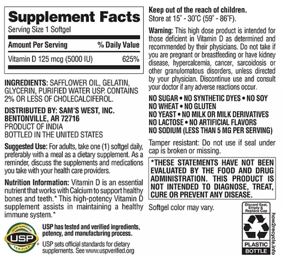 Vitamin D3, 125 mcg 5000 IU Softgels, 400 ct.