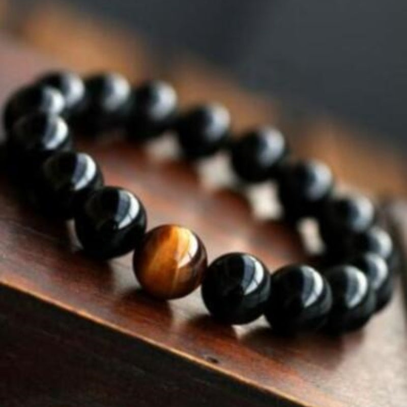 Natural Black Onyx With Stone Tiger Eyes Energy Bracelet