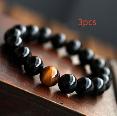 Natural Black Onyx With Stone Tiger Eyes Energy Bracelet