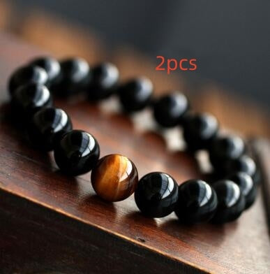 Natural Black Onyx With Stone Tiger Eyes Energy Bracelet